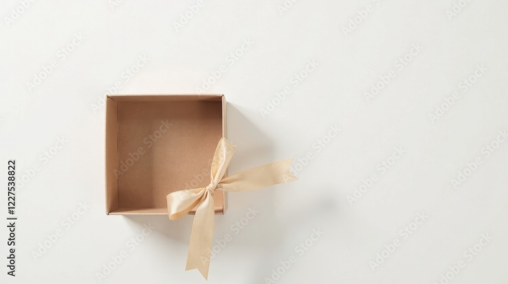 Fototapeta premium An Empty Gift Box with a Delicate Beige Ribbon, Ready for a Special Surprise
