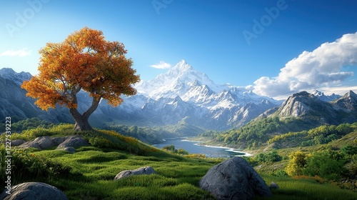 Peaceful Mountainside Serenity Birch Tree Amidst Rolling Meadows Tranquil Forest Landscape photo