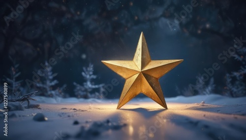 Radiant golden Christmas star shining bright on a dark blue winter landscape, dark blue sky, twinkling trees, magical ambiance