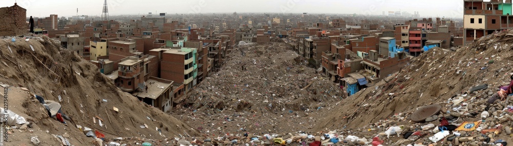 Fototapeta premium A panoramic view of an urban area overwhelmed by garbage, showcasing the stark contrast between buildings and extensive waste accumulation.