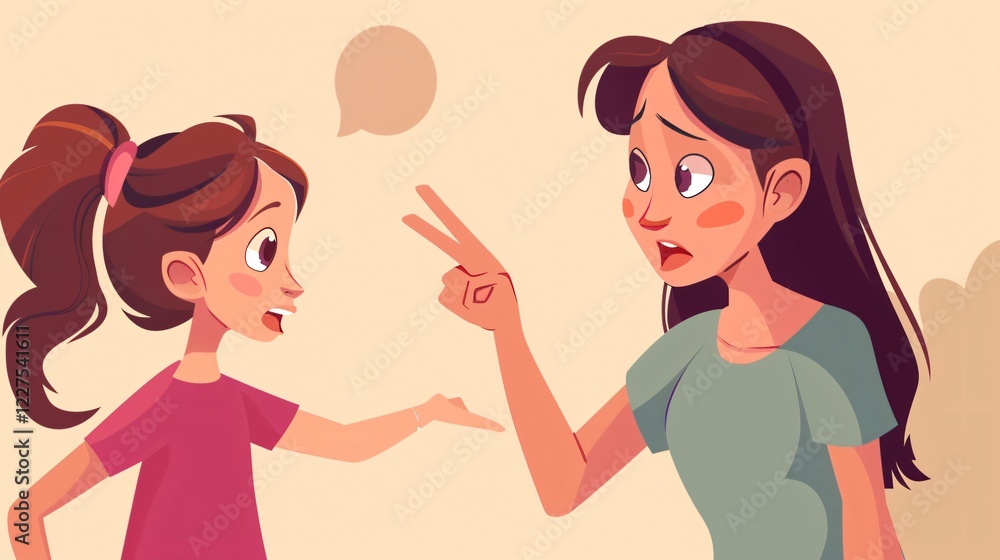Frustrated Mother Arguing with Daughter - Cartoon Kid Punishment Frustrated Mother Arguing with Daughter - Cartoon Kid Punishment