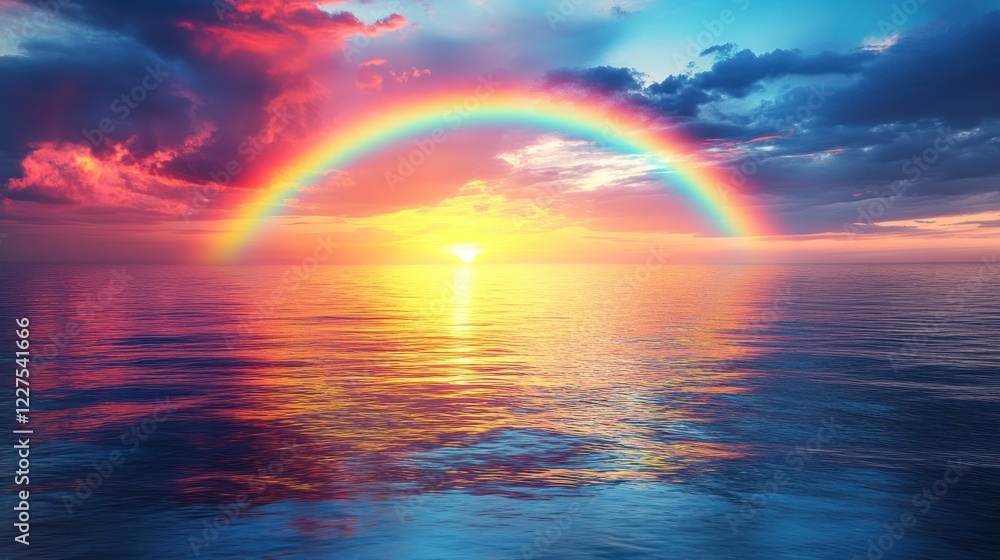 Vibrant sunset rainbow over calm ocean.