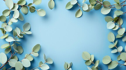 eucalyptus branches on blue background flat lay