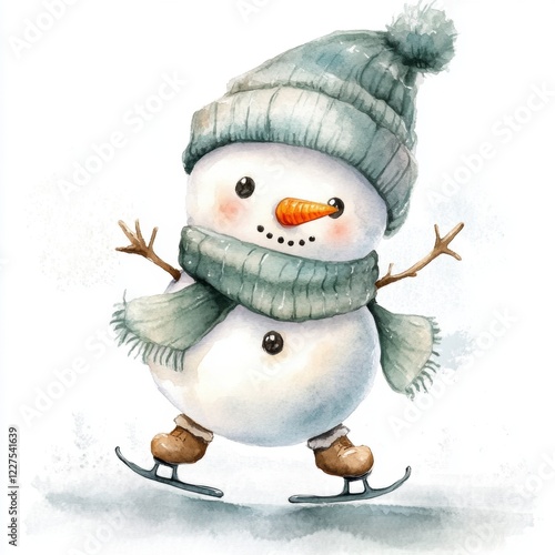 Artistic drawing painting of snoman enjoying ice skating