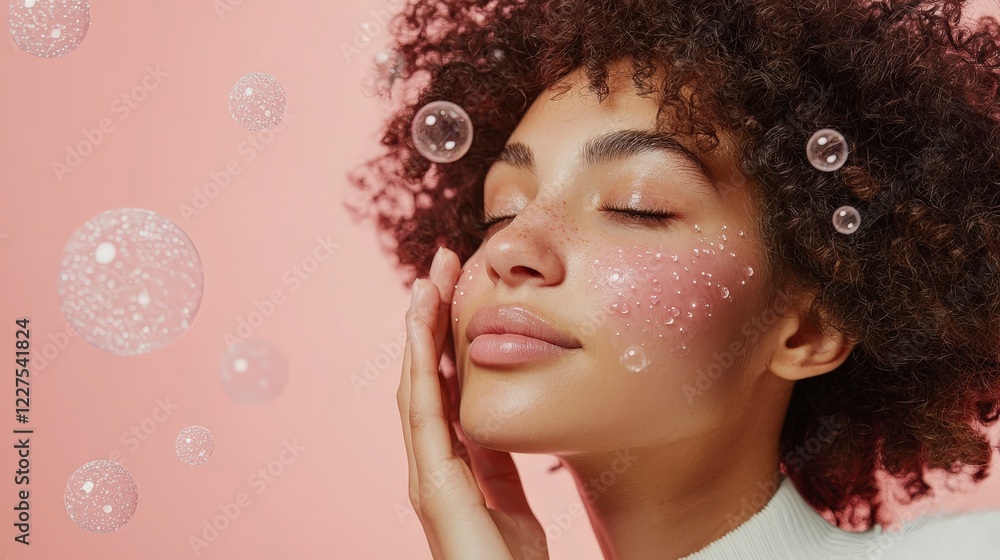 Young Woman Enjoys Skincare Routine with Bubbles on Pink Background Young Woman Enjoys Skincare Routine with Bubbles on Pink Background