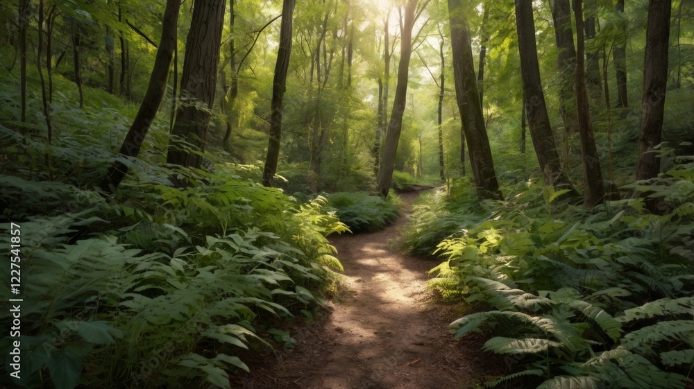 Obraz premium A serene forest path winding through tall trees and lush undergrowth, dappled sunlight filtering through the leaves above. 