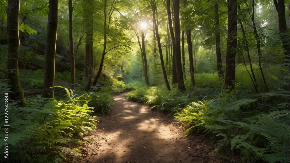 Fototapeta premium A serene forest path winding through tall trees and lush undergrowth, dappled sunlight filtering through the leaves above. 