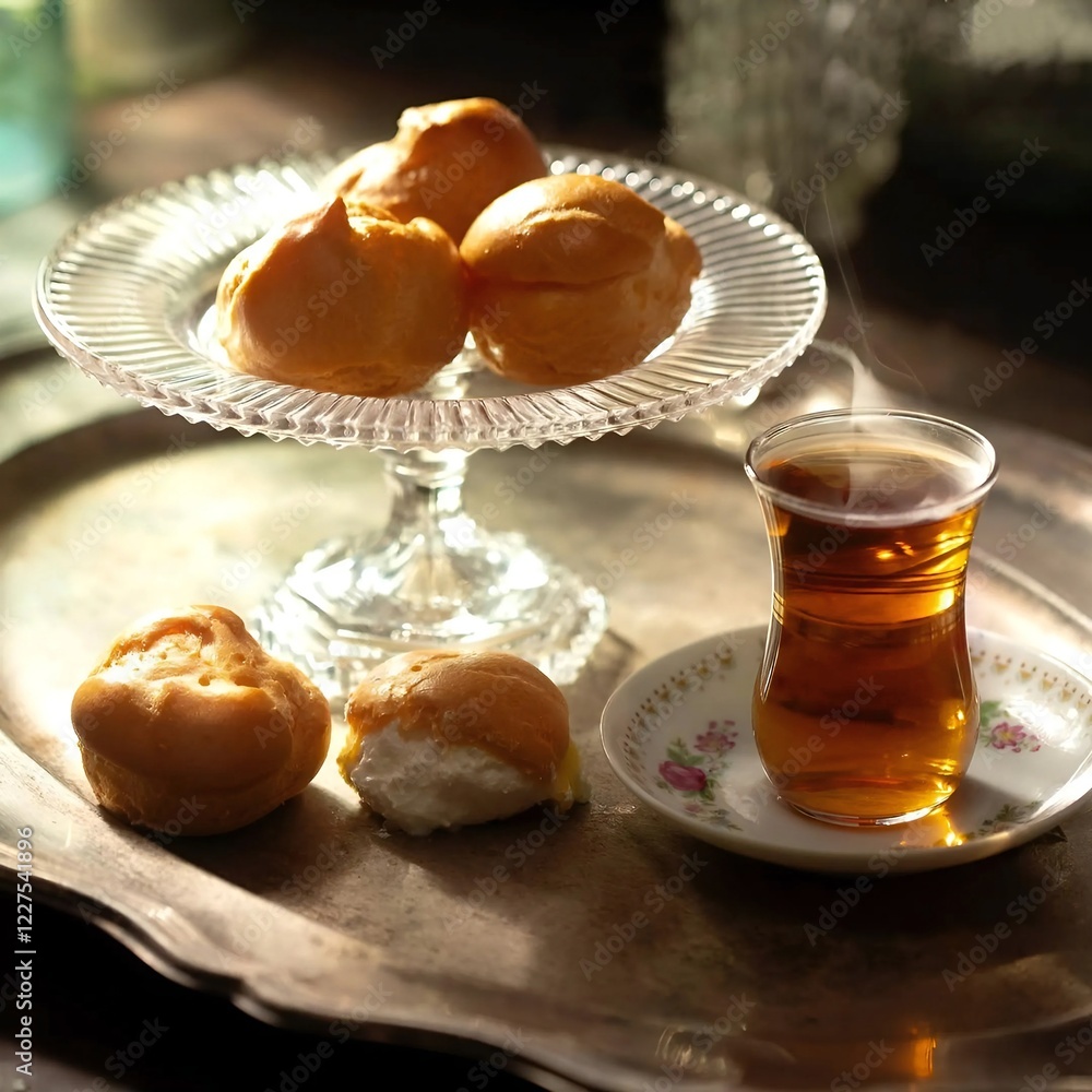 A delightful image showcasing several cream-filled pastries eclairs, cream puffs arranged on a beautiful glass pedestal dish, accompanied by a steaming cup of tea A delightful image showcasing several cream-filled pastries eclairs, cream puffs arranged on a beautiful glass pedestal dish, accompanied by a steaming cup of tea