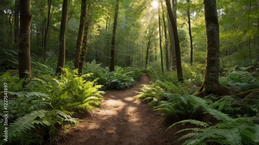 Fototapeta premium A serene forest path winding through tall trees and lush undergrowth, dappled sunlight filtering through the leaves above. 