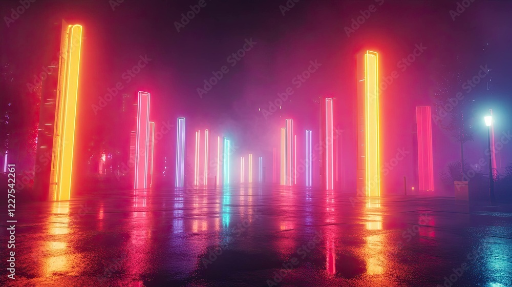 A captivating scene with neon pillars that glow at night and illuminate a foggy setting A captivating scene with neon pillars that glow at night and illuminate a foggy setting