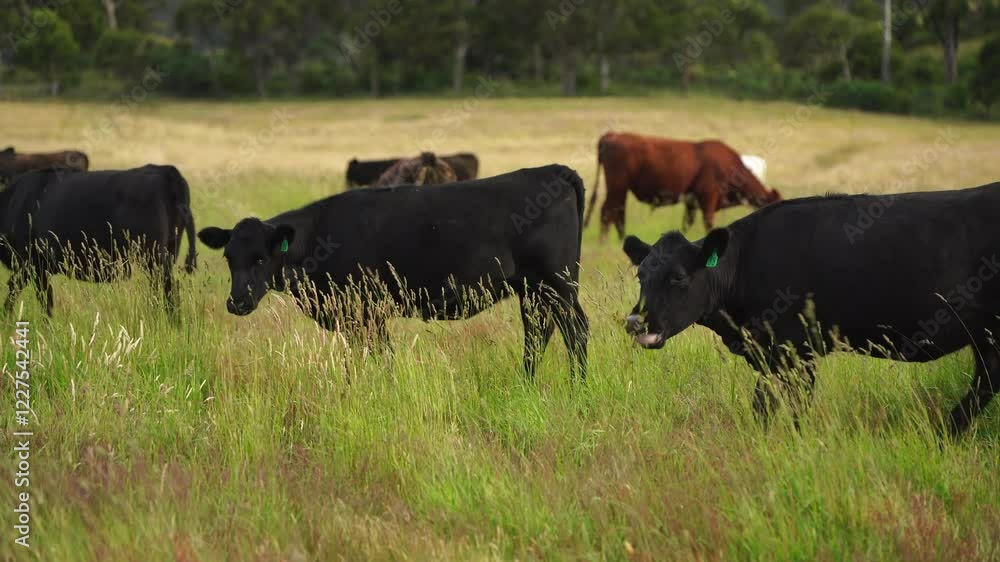 beautiful cattle in Australia eating grass, grazing on pasture. Herd of cows free range beef being regenerative raised on an agricultural farm. Sustainable farming in summer beautiful cattle in Australia eating grass, grazing on pasture. Herd of cows free range beef being regenerative raised on an agricultural farm. Sustainable farming in summer