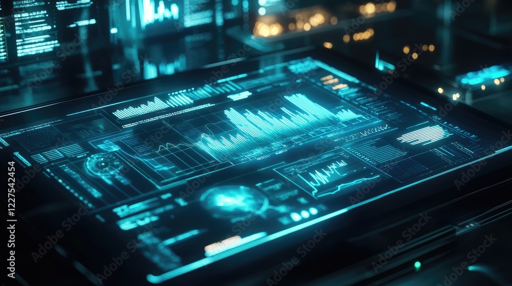 Holographic charts and graphs hover above a tablet screen, representing cutting-edge data analysis and advanced technology in a futuristic business environment Holographic charts and graphs hover above a tablet screen, representing cutting-edge data analysis and advanced technology in a futuristic business environment