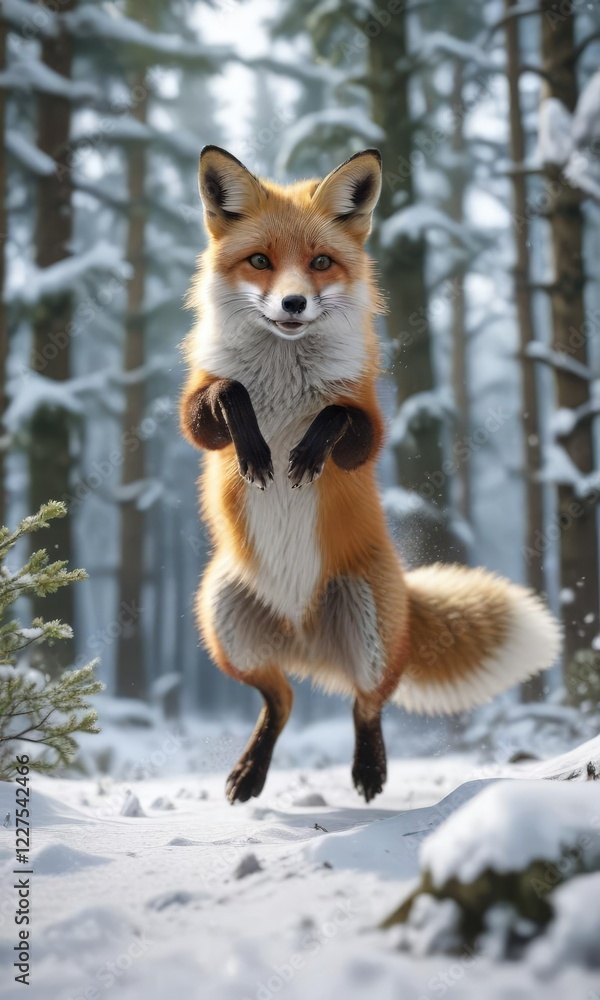 Playful fox leaping through snow-covered forest, fox, frolicking, joyous Playful fox leaping through snow-covered forest, fox, frolicking, joyous