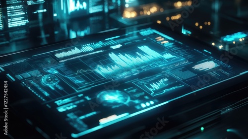 Wallpaper Mural Holographic charts and graphs hover above a tablet screen, representing cutting-edge data analysis and advanced technology in a futuristic business environment Torontodigital.ca