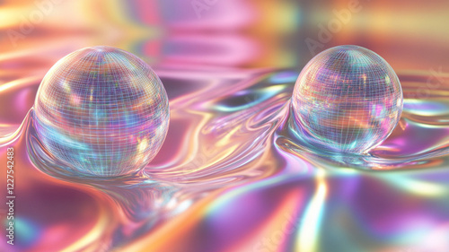 Two shimmering spheres reflecting light on a colorful, fluid surface, creating a vibrant atmosphere