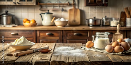 Wooden table with flour, sugar, eggs, and butter in vintage kitchen, table, flour, table,flour,eggs,butter photo