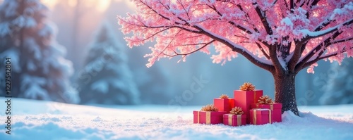 Pink snow-covered tree with presents underneath, winter, holiday, pink tree