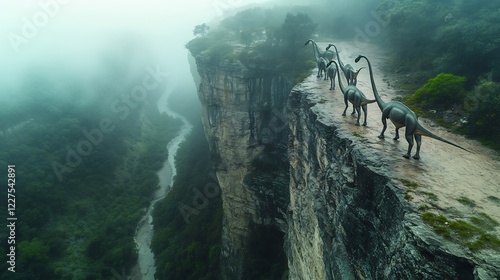 Massospondylus carinatus the Massospondylidae family navigating a cliffside path during the Early Jurassic period above a misty valley photo