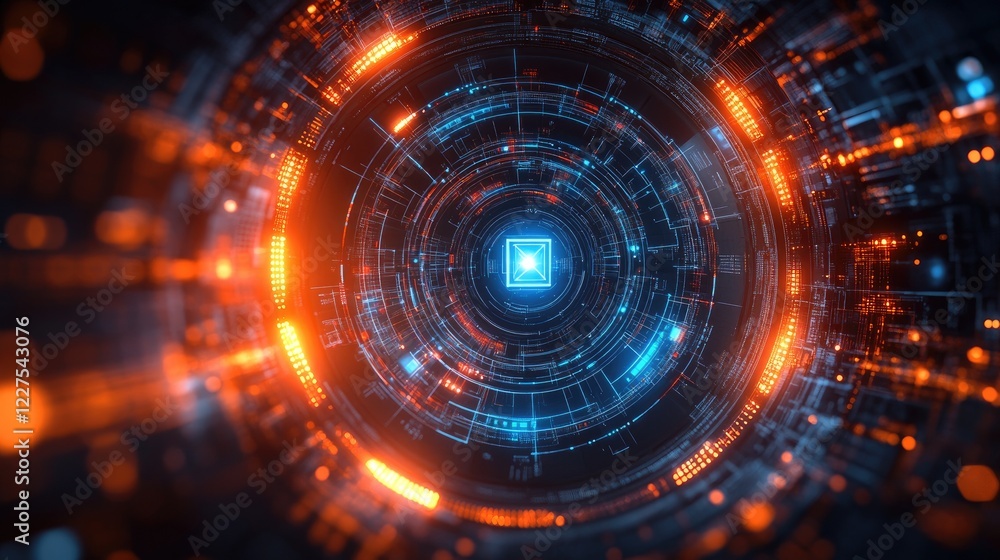Obraz premium Abstract digital vortex with glowing blue and orange lights, representing technology and innovation
