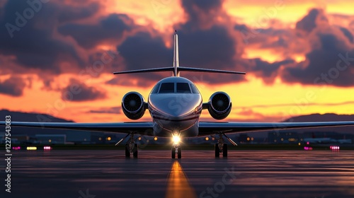 Landing at Sunset Airplane Approaches DuskLit Airport Terminal with Extended Landing Gear photo