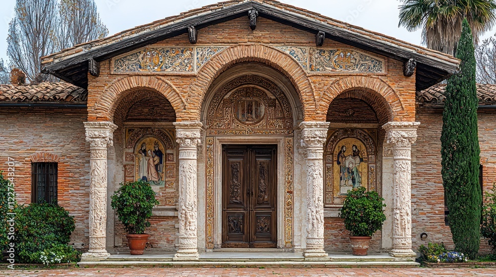 Ornate Brick Entranceway With Carved Columns And Mosaics Ornate Brick Entranceway With Carved Columns And Mosaics