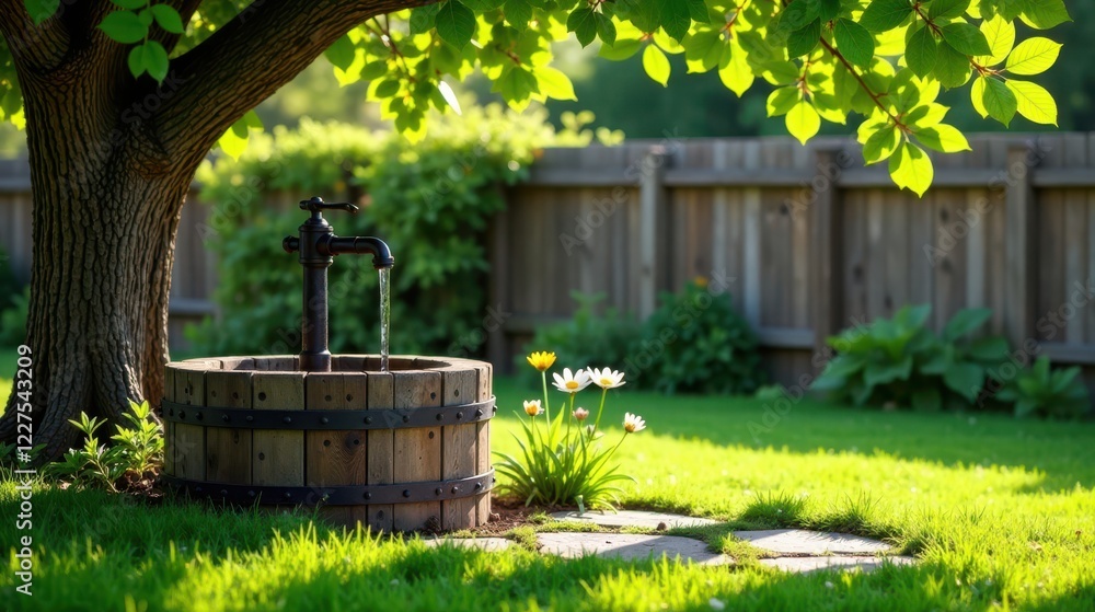 Fototapeta premium Serene garden oasis featuring a rustic wooden water trough with an antique-style water pump, under a shade tree, near a wooden fence, surrounded by vibrant green grass and delicate wildflowers.