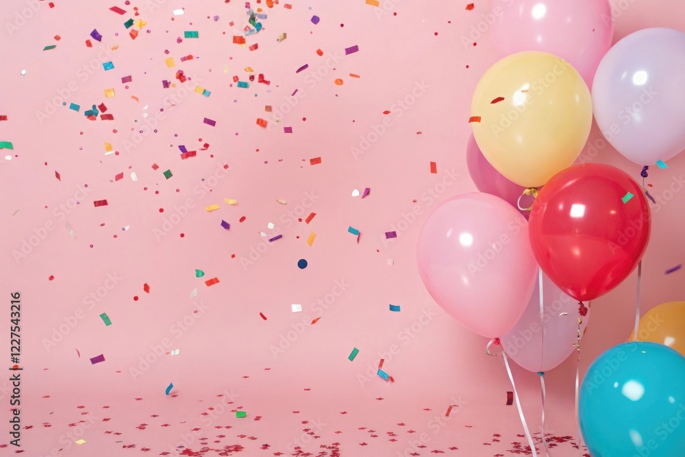 Pink background with rainbow-colored confetti and balloons floating in the air, party, celebration, fun Pink background with rainbow-colored confetti and balloons floating in the air, party, celebration, fun