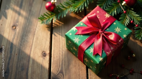 A Festive Green Gift Box with a Red Ribbon on Wooden Surface