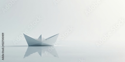 A solitary origami boat floats serenely on a calm, reflective surface, symbolizing hope, journey, and the pursuit of dreams in a minimalist setting. photo