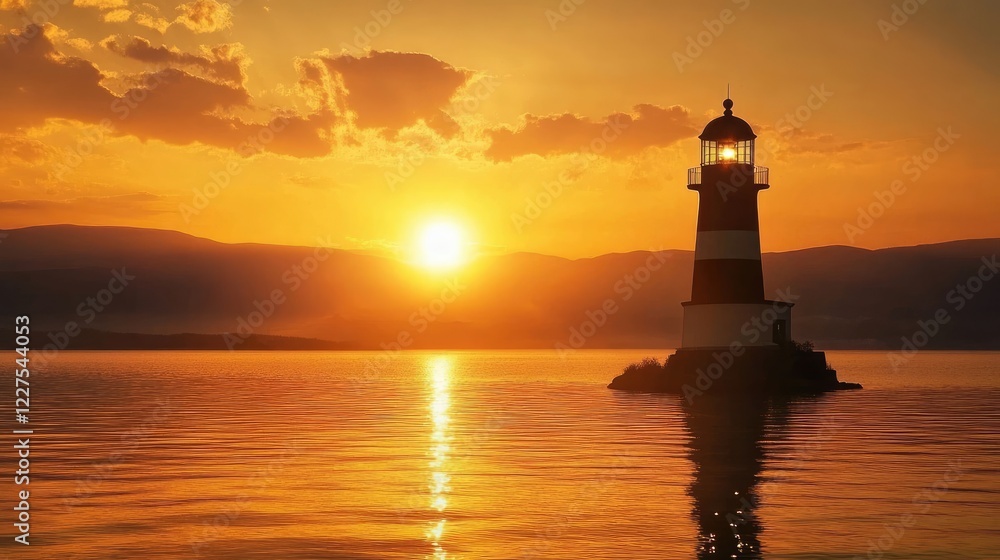 The silhouette of a lighthouse stands tall against the glowing orange sunset over Lake Neusiedl, casting a serene light across the peaceful waters The silhouette of a lighthouse stands tall against the glowing orange sunset over Lake Neusiedl, casting a serene light across the peaceful waters