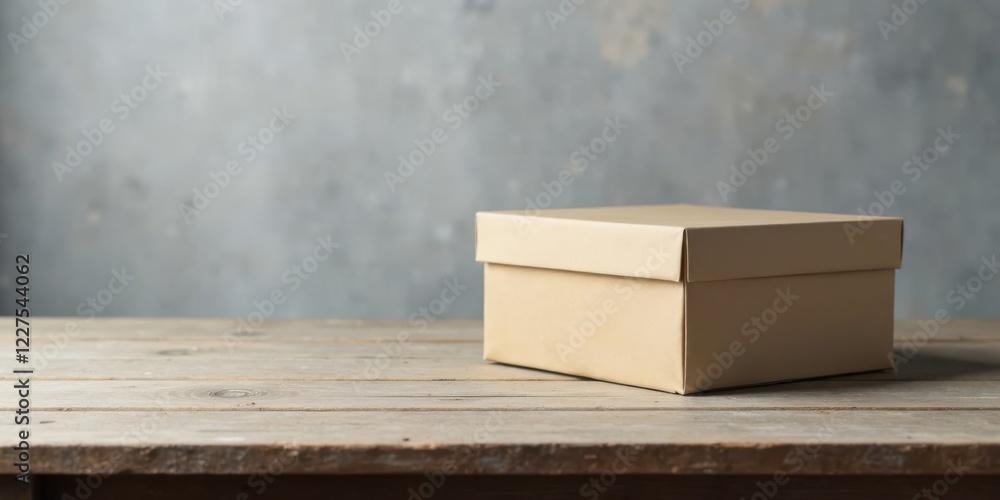 A simple, rustic beige cardboard box rests on a weathered wooden surface against a muted grey background, ideal for product display or mockup purposes. A simple, rustic beige cardboard box rests on a weathered wooden surface against a muted grey background, ideal for product display or mockup purposes.