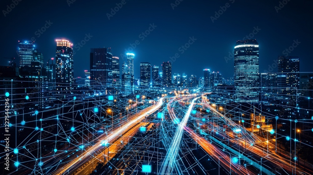 Fototapeta premium Night Cityscape with Digital Network Overlay and Light Trails