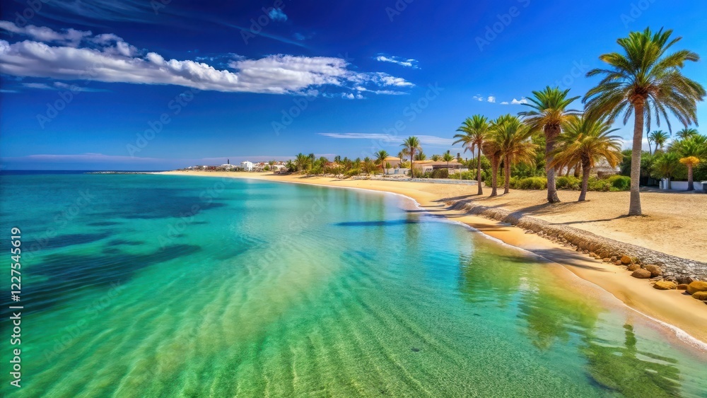 Sunny day at Hammamet beach with golden sand and turquoise waters, surrounded by palm trees and a clear blue sky , turquoise water , golden sand Sunny day at Hammamet beach with golden sand and turquoise waters, surrounded by palm trees and a clear blue sky , turquoise water , golden sand
