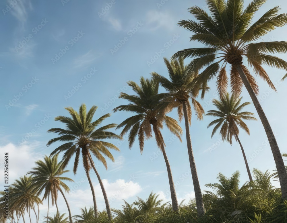 Palm trees swaying in the breeze against a clear sky backdrop, sandy, summer, travel Palm trees swaying in the breeze against a clear sky backdrop, sandy, summer, travel