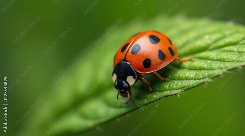 A close-up of a vibrant ladybug resting on a green leaf, showcasing its bright red shell with black spots. A close-up of a vibrant ladybug resting on a green leaf, showcasing its bright red shell with black spots.