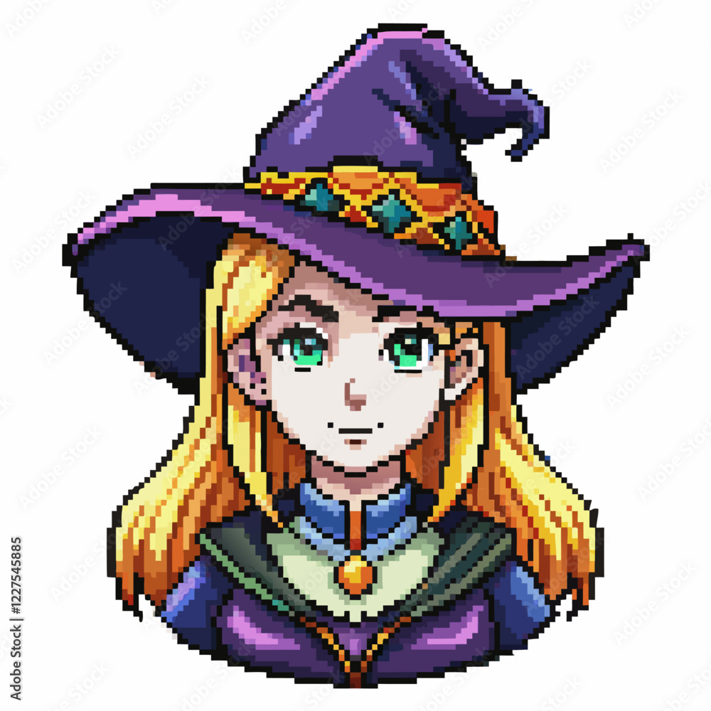Pixel Art Witch Character with Purple Hat and Blonde Hair in Retro Style Pixel Art Witch Character with Purple Hat and Blonde Hair in Retro Style