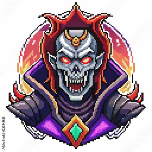 Pixel Art Vampire Skull Emitting Red Glow in Retro Gaming Style