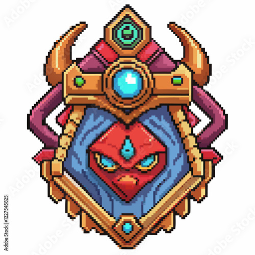 Pixel Art Fantasy Character Badge with Regal Design and Jewel Adornments