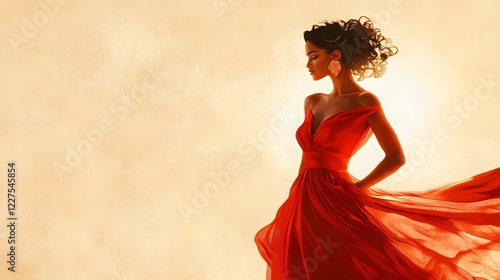 Elegant Woman in Flowing Red Dress Against Soft Golden Background