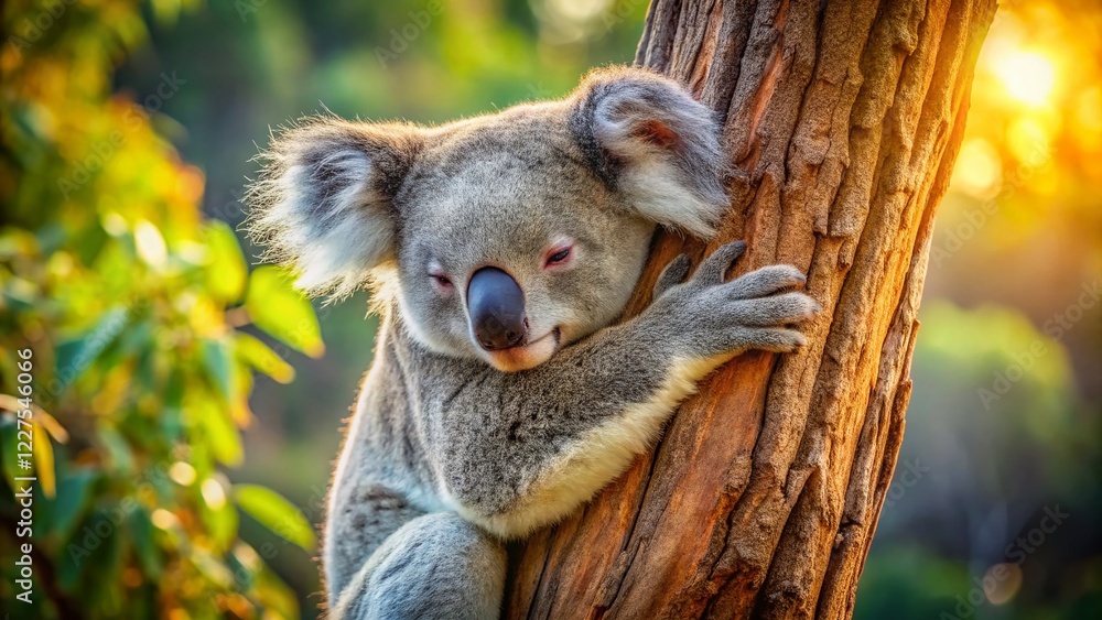 Fototapeta premium Adorable Koala Bear Napping on Eucalyptus Tree - Peaceful Wildlife Stock Photo