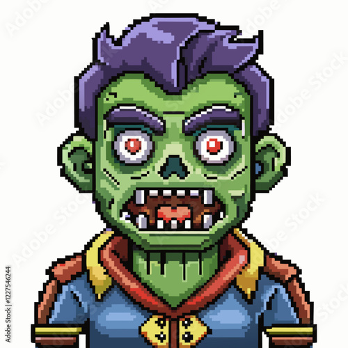 Pixel Art Zombie Character with Purple Hair and Red Eyes in Retro Game Style