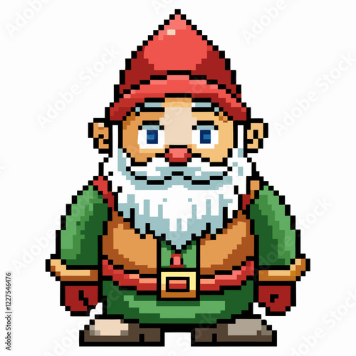 Cute Pixel Art Gnome with Red Hat and Green Outfit, Fantasy Game Character