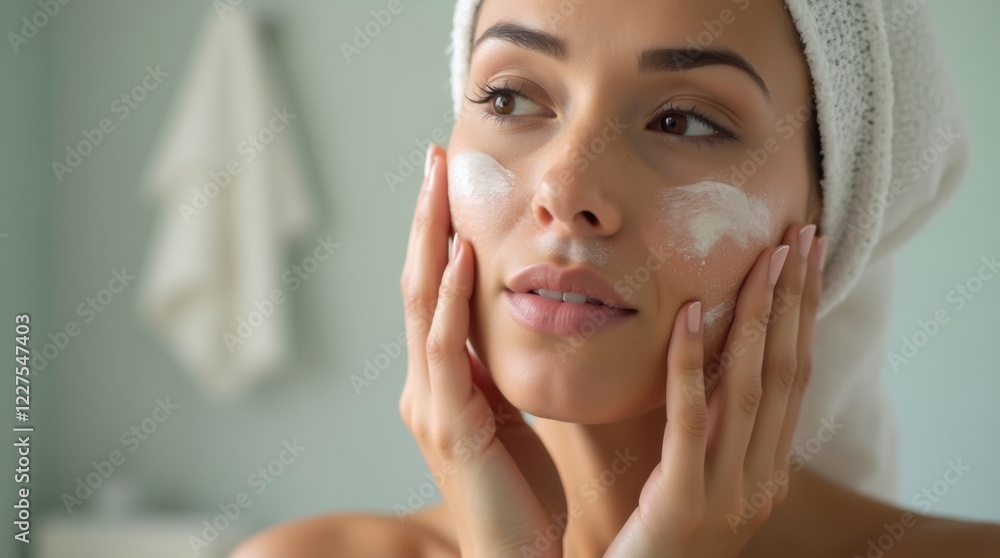 A realistic photograph of a hand applying cream to the face in a bathroom setting, capturing the essence of a daily skincare routine. A realistic photograph of a hand applying cream to the face in a bathroom setting, capturing the essence of a daily skincare routine.