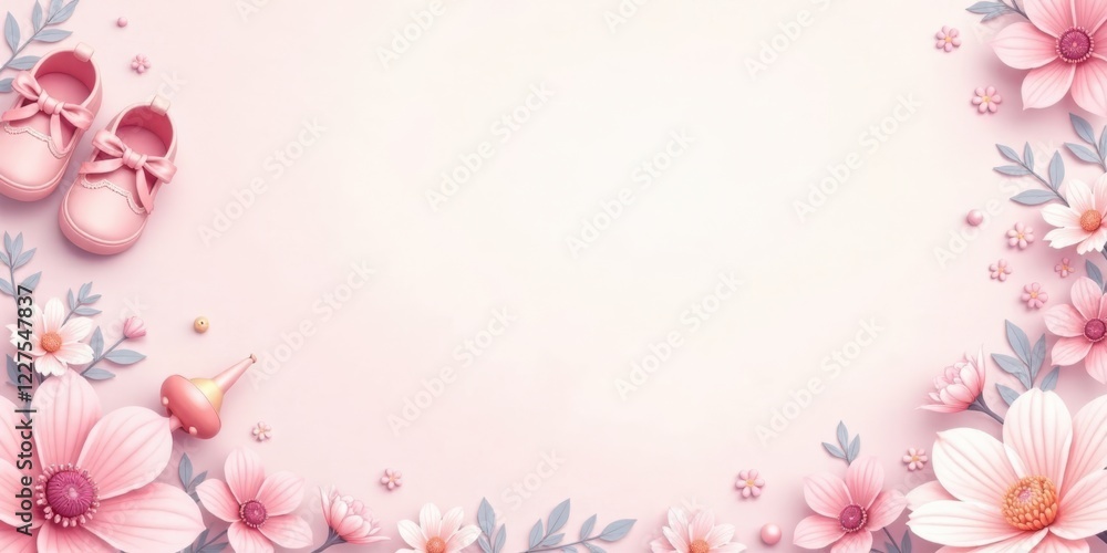 A Delicate Pink Floral Frame Featuring Baby Shoes and a Spinning Top A Delicate Pink Floral Frame Featuring Baby Shoes and a Spinning Top