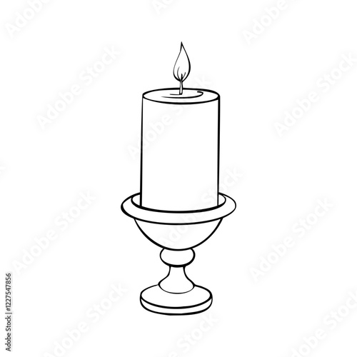 Vector vintage Candle in the candlestick. Hand drawn outline illustration with wax candlelight with flame Christmas or birthday design Simple contour drawing for icon or logo in monochrome.