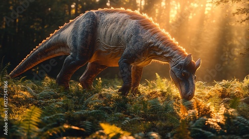 Altirhinus kurzanovi belonging the Iguanodontidae family grazing on vegetation in a sunlit meadow during the Early Cretaceous period with its nasal crest glowing under afternoon light photo