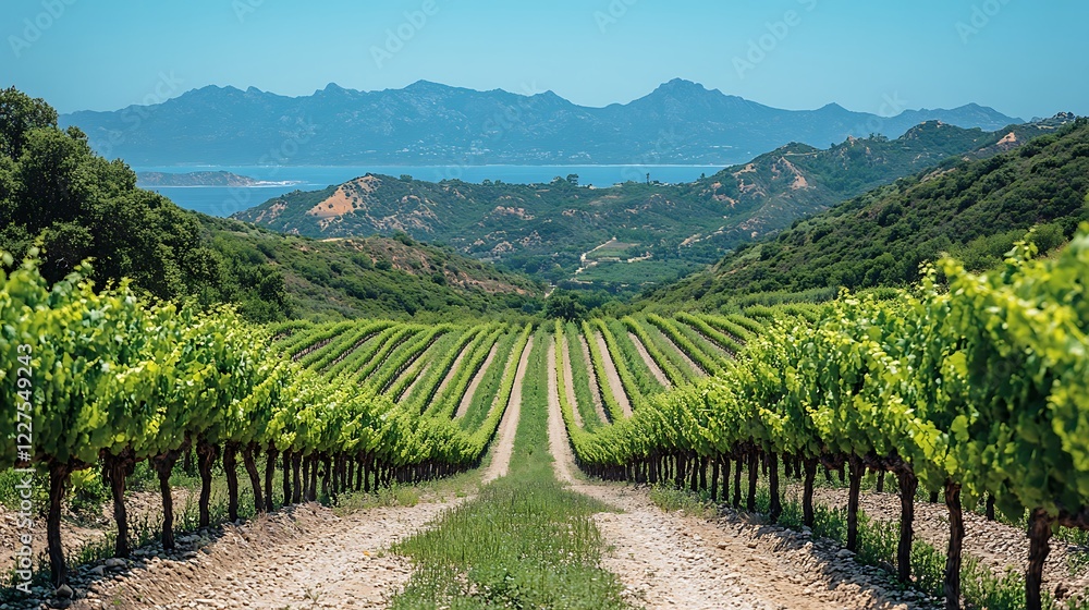 Obraz premium Vineyard Vista: Rows of lush green grapevines stretch towards a breathtaking mountain range and ocean view, creating a picturesque landscape of vineyards under a vibrant blue sky. 