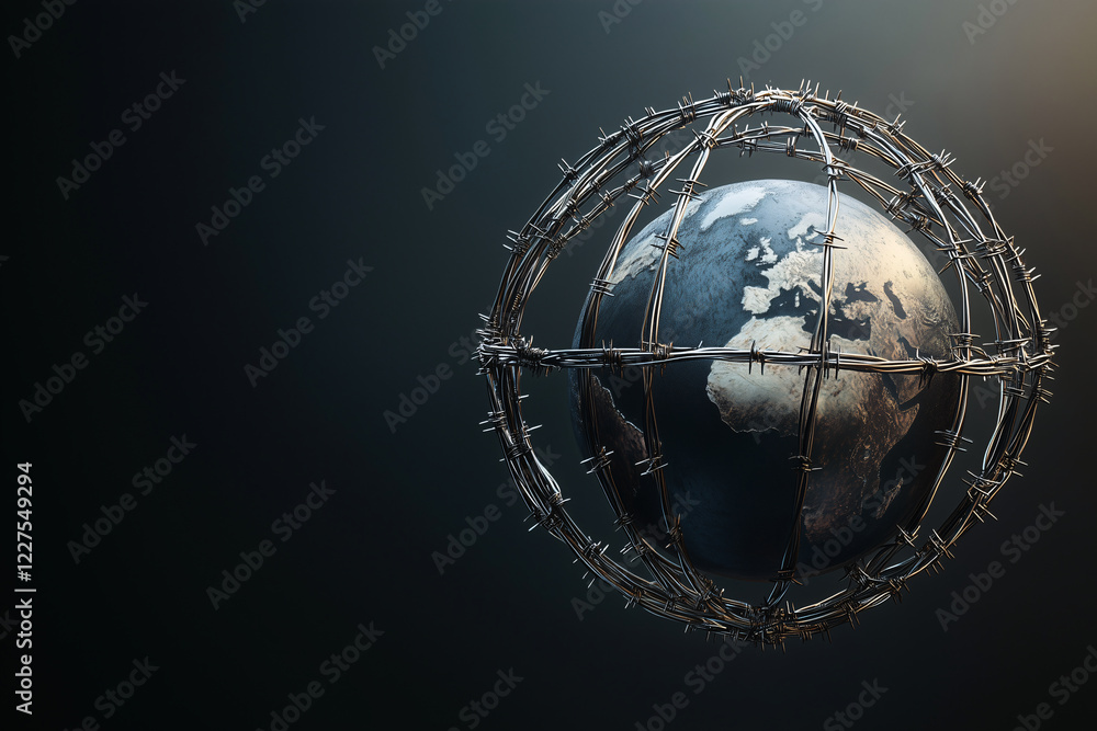 A textured, metallic globe tightly bound by barbed wire, representing war, global conflict, and oppression. A textured, metallic globe tightly bound by barbed wire, representing war, global conflict, and oppression.