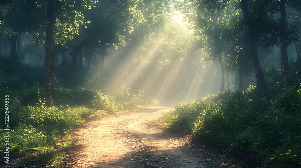 Obraz premium Sunbeams Through Forest Path: A sunbeam pierces the verdant canopy of a misty forest, illuminating a winding dirt path that promises adventure and serenity.