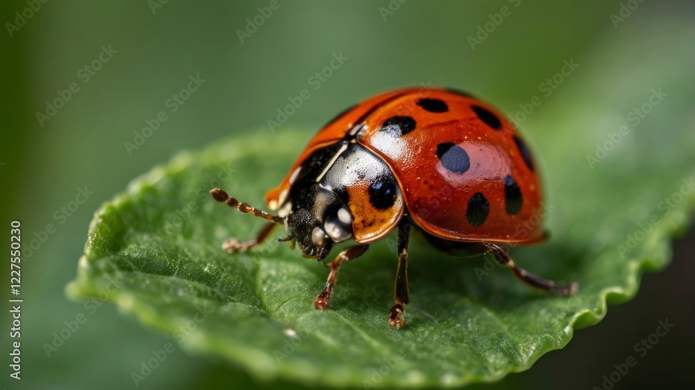 A close-up of a vibrant ladybug resting on a green leaf, showcasing its bright red shell with black spots. A close-up of a vibrant ladybug resting on a green leaf, showcasing its bright red shell with black spots.